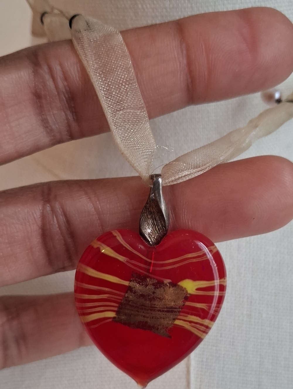 Handcrafted Red Heart Glass Pendant Ribbon Necklace Romantic Coquette Jewelry - Picture 5 of 5